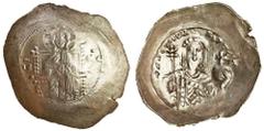 Ancient Coins Alexius I (AD 1081-1118), Electrum Histamenon, Christ enthroned facing, rev. crowned bust of Alexius facing, wearing loros and holding sceptre surmounted by pelleted star, and cross on g