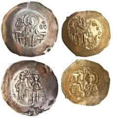 Ancient Coins John II (AD 1118-1143), AV Histamenon, 4.38g, Christ enthroned facing, right hand raised in benediction, rev. facing half-length figures of John, wearing loros and holding akakia, and th