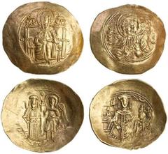Ancient Coins Manuel I (AD 1143-1180), AV Hyperpyron, 4.20g, Constantinople, beardless bust of Christ facing, rev. Manuel standing facing, holding labarum and patriarchal cross on globe, manus dei abo