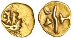 Celtic, Sills Cf insular coinage, (c.80-50 BC), gold Quarter Stater, 1.46g, 'Boat Tree' type, two figures in boat, heavy 'Corieltavian' wreath below, rev. heavy bar across central field, abstract symb