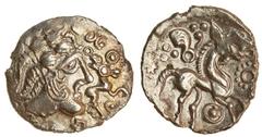 Celtic, Trinovantes and Catuvellauni, uninscribed coinage, (c.60-20 BC), silver Unit 1.22g, 'Lister's Celtic Head' type, bust right, with corded hair and moustache, small horse, ring-pellets, and vari
