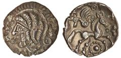 Celtic, Trinovantes and Catuvellauni, uninscribed coinage, (c.60-20 BC), silver Unit 1.07g, 'Whaddon Bird' type, bust left with coiled hair, form of headgear above? animal, ring-pellets, and wing moti