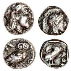 Ancient Coins-Greek Silver Attica, Athens (mid - late 5th cent. BC), AR Obol, 0.59g, helmeted head of Athena right, rev. owl standing right, head facing, two olive leaves behind (cf. Svoronos pl. IX, 