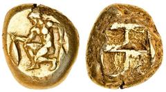 Ancient Coins-Greek Silver Mysia Kyzikos (c.500-450 BC), Electrum Stater, 16.01g, naked male kneeling left, holding tunny in each hand, rev. quadripartite incuse square of mill-sail pattern (Von Fritz