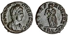 Ancient Coins-Roman Bronze Theodora, wife of Constantius I, AE 4, Trier, 337-340, laureate, draped bust right, rev. pietas romana, Pietas standing facing, holding child in arms (RIC 91), unusually goo