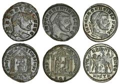 Ancient Coins-Roman Silver Maxentius (306-312), Follis, Aquileia, laureate head right, rev. conserv vrb svae, tetrastyle temple within which Roma seated left, presenting globe to Maxentius standing ri