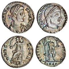 Ancient Coins-Roman Silver Valentinian I (364-375), AR Siliqua, Lugdunum, pearl-diademed, draped and cuirassed bust right, rev. restitvtor rep, emperor standing facing, holding labarum and Victory on 