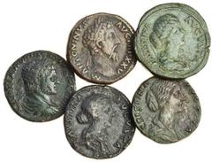 Ancient Coins-Roman Bronze Marcus Aurelius, Sestertius, Rome, 171, laureate head right, rev. Mars advancing right, holding trophy and spear (RIC 992), his wife Faustina Junior, Sestertius, 161-175, dr