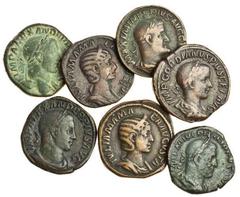 Ancient Coins-Roman Bronze Third Century, Sestertii, of Severus Alexander, Rome, 232, laureate, draped and cuirassed bust right, rev. Mars advancing right (RIC 635), another, laureate bust right, drap