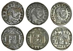 Ancient Coins-Roman Silver Maxentius (306-312), Follis, Aquileia, laureate head right, rev. conserv vrb svae, tetrastyle temple within which Roma seated left, presenting globe to Maxentius standing ri