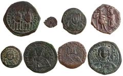 Ancient Coins-Byzantine Byzantine bronze coins (8), comprising a Follis of Justin II and Sophia, Nicomedia, 570/571, (Sear 369), a Half Follis of Focas, Carthage, 632/633 (Sear 685), a Follis of Herac