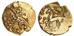 Celtic Coins Celtic, Regini, Av Stater, 5.67g, Climping type, cruciform wreath design with two crescents and pellets, two wings and harp-like object, rev. horse left, two S-shaped birds in front, S-
