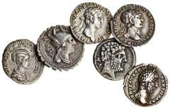 Ancient Coins Roman silver Denarii (6), of C. Poblicius (80 BC), head of Roma right, wearing helmet with two feathers and griffin's head, rev. Hercules wrestling the Nemean lion (RRC 380/1), Nerva (AD