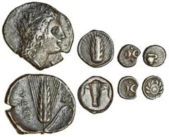 Ancient Coins Lucania, Metapontum (c.470-440 BC), AR Triobol, 1.13g, ear of barley, rev. incuse bucranium (SNG ANS 260ff), good fine, a Stater, 7.54g (c.330-290 BC), wreathed head of Demeter right, re