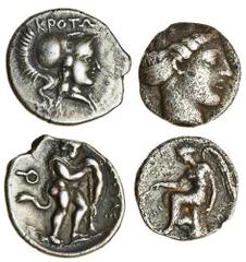 Ancient Coins Bruttium, Kroton (4th cent. BC), AR Diobol, 1.19g, helmeted head of Athena right, kpot above, rev. [oi]kita, Herakles (the city's founder) standing right, leaning on club, koppa behind (