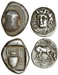 Ancient Coins Boeotia, Thebes (c.425-400 BC), AR Stater, 12.15g, Boeotian shield, rev. - e, amphora, all within incuse square (SNG Copenhagen 285), very fine, together with a Drachm, 6.08g, of Larissa