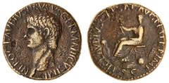 Ancient Coins Nero Claudius Drusus (9 BC), AE Sestertius, Rome, 41-42, bare head left, rev. ti clavdivs caesar avg p m tr p imp, s c in exergue, Claudius (or Drusus?) seated left on curule chair and 