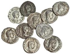 Ancient Coins Third Century silver coins (10), comprising Elagabalus, AR Denarii (3), laureate, draped and cuirassed bust right, revs. Salus standing facing, feeding snake emerging from altar (RSC 264
