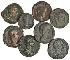 Ancient Coins Third century bronze coins (8), comprising Sestertii (6), of Septimius Severus, rev, soldier leading Septimius on horseback right (RIC 719), Julia Domna, rev. Vesta seated left (RIC 843)