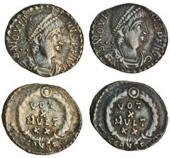 The East Harptree Hoard of 4th Century Silver Coins Jovian (AD 363-364) AR Siliqua, 2.16g and 1.65g, Arles, pearl-diademed, draped and cuirassed bust right, d n iovia-nvs p f avg, rev. vot / x / mvlt 