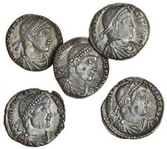The East Harptree Hoard of 4th Century Silver Coins Valentinian I (AD 364-375), AR Siliqua (5), Lugdunum, 364-367, pearl-diademed, draped and cuirassed bust right, d n valentini-anvs p f avg, rev. res