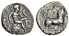 Ancient Coins-Greek Silver Cyprus, Salamis, Evagoras I (c.411-374 BC), AR Tetrobol, 3.06g, Herakles seated right on rocks draped with lion's skin, holding club and horn, Cypriot script "Evagoras", rev