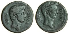 Ancient Coins-Roman Bronze Octavian and Divus Julius Caesar, AE Sestertius (or Dupondius ?), South Italian mint, bare head of Octavian right, caesar divi f, rev. divos ivlivs, laureate head of the dei