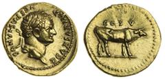 Ancient Coins-Roman Gold Titus (AD 79-81), AV Aureus, 7.18g, Rome, 76, laureate head right, t caesar imp vespasianvs, rev. cos v, bull or cow standing right (RIC 868; BMC 188; C.53), lustrous, good ex