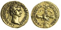 Ancient Coins-Roman Gold Nerva (AD 96-98), AV Aureus, 7.69g, Rome, 97, laureate head right, imp nerva caes avg p m tr p cos iii p p, rev. Concordia exercitvvm, clasped right hands holding legionary ea