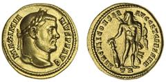 Ancient Coins-Roman Gold Maximianus Herculeus (AD 286-305), AV Aureus, 5.38g, Trier, 303, laureate head right, maximia-nvs p f avg, rev. hercvli conser avgg et caess nn, Hercules standing facing, head