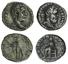 Ancient Coins-Roman Silver Pertinax (AD 193), AR Denarius, laureate head right, rev. Ops seated left, holding two corn-ears (RIC 8a; C.33), good fine; and Clodius Albinus (AD 195-197), AR Denarius, as