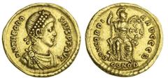 Ancient Coins-Roman Gold Theodosius I (379-95), AV Solidus, Constantinople, 4.41g, diademed and draped bust right, rev. concordia avgg b, Constantinopolis, seated facing on throne, head right, holding