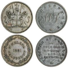 Foreign Coins-British Empire and St. Helena, East India Company, AE Halfpenny, 1821, Halfpenny Token, issued by Soloman, Dickson and Taylor, undated (1821) (KM 4, Tn.1), the first very fine, the secon