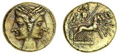 Ancient Coins Bruttium, under Carthage (c. 216-211 BC), electrum 3/8-Shekel, 2.98g, Janiform heads, rev. Zeus riding quadriga steered by Nike, holding thunderbolt (Jenkins & Lewis (Capua), pl. 24, no.