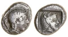 Ancient Coins Dynasts of Lycia, Kherei (c. 410-390 BC), Stater, Telmessos, 8.51g, helmeted head of Athena right, rev. Herakles set incuse, wearing lion headdress, kher[Êi] before, telebehihe behind (M
