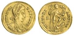 Ancient Coins Honorius (393-423), AV Solidus, 4.43g, Ravenna, c. AD 402-406, diademed, draped and cuirassed bust right, rev. Honorius in military attire trampling captive, holding labarum and Victory 