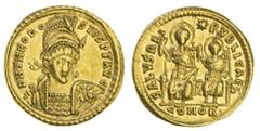 Ancient Coins Theodosius II (402-450), AV Solidus, 4.43g, Constantinople, officina z, helmeted and cuirassed bust three-quarters facing, holding spear and shield, rev. salvs rei-pvblicae, Theodosius I
