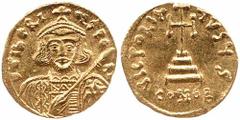 x Tiberius III (698-705), Solidus, Constantinople, 4.45g, D TIBERIVS PE AV, bust facing, with short beard, wearing crown and chlamys, holding spear and shield, rev. VICTORIA AVGU S, cross on three ste
