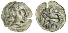 Ancient Coins Gaul, Pictones (c. 100-50 BC), Base electrum Stater, 6.00g, male head right, rev. human headed horse right, driven by charioteer holding torque, hand below (Delestrée & Tache II, no. 439