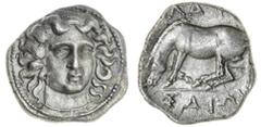 Ancient Coins Thessaly, Larissa (c. 356-342 BC), AR Drachm, 5.96g, head of Nymph Larissa three-quarters right rev. horse grazing left, api above, ain in exergue (cf. BCD {Thessaly} II, no. 380; cf. HG