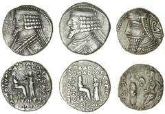 Ancient Coins Parthia, Phraates IV (38-2 BC), Tetradrachms (2), different reverse images; Tyche with wreath and with palm and cornucopia, Vologases VI (AD 202-28), Tetradrachm, (Sel. 50, 51, 88; MAC 5