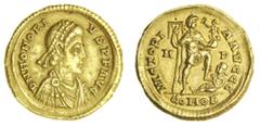 Ancient Coins Honorius (395-423), AV Solidus, 4.43g, Mediolanum, d n honori-vs p f avg, diademed and draped bust right, rev. victori-a avggg, Honorius standing on captive, m-d in fields, comob in exer