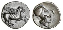 GREEK COINS Corinth (c. 405-345 BC), AR Stater, 8.39g, Pegasus flying right, koppa {q} below, rev. head of Athena right, wearing Corinthian helmet, {retrograde} behind head, dolphin in right field (SN