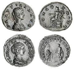 ROMAN COINS Plautilla, wife of Caracalla, AR Denarii (2), 202-205 AD, draped bust right, rev. Caracalla and Plautilla standing facing one another, clasping hands, 3.59g (RSC 10; RIC 361); eastern mint