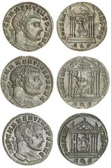 ROMAN COINS Maxentius (306-312 AD), AE Folles (3), Aquileia, all with laureate head right, rev. Roma seated in hexastyle temple, holding globe, aq in exergue, 6.01g (RIC 121a); same as last but aqs in