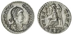 ROMAN COINS Gratian (367-383 AD), AR Silqua, 2.02g, dn gratianvs pf avg, pearl diadem, draped bust right, rev. vrbs roma, Roma seated left on throne, holding sceptre and Victory on globe, trps in exer