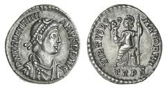 ROMAN COINS Valentinian II (375-392 AD), AR Siliqua, 2.21g, dn valentinianvs pf avg, pearl diademed and draped bust right, rev. virtvs romanorvm, Roma seated left on cuirass, holding Victory on globe 