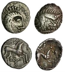 Celtic Coins Iceni, uninscribed coinage (c. 50BC-50AD), silver Units (2), 'Norfolk God' type, struck from c. AD 10, 0.90g, 8h, head right, with moustache, rev. horse prancing right, quadrilaterals, in