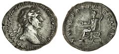 Roman Coins Trajan (98-117), AR Denarius, 2.66g, Rome, AD 112-117, laureate head right, slight drapery on far shoulder, rev. divvs pater traian, Trajan's father seated left on curule chair, holding pa