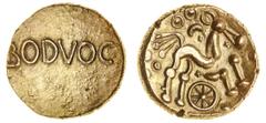 Celtic Coins Dobunni, Bodvoc (c. 25-5 BC), gold Stater, 5.40g, 12h, bodvoc across field, rev. triple-tailed horse right, pelleted-annulets and crescent above ['hidden face'], wheel below, saltires in 